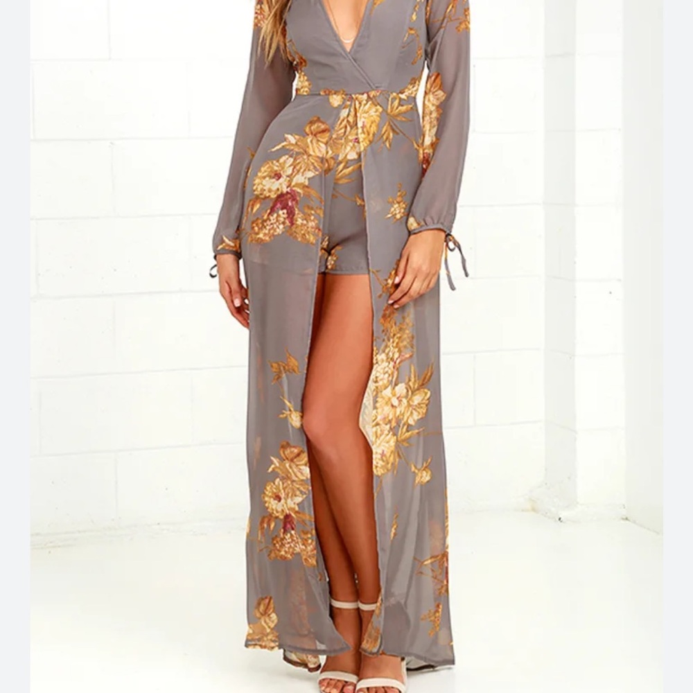 Lulu's Gray and Gold Floral Pantsuit